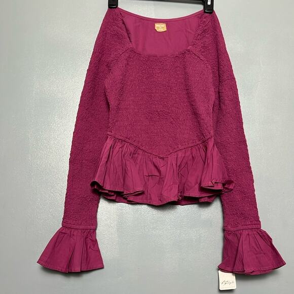 NWT Free People Tropical Vibes in Sweetheart Smocked Long Sleeve Peplum Top - Picture 2 of 5